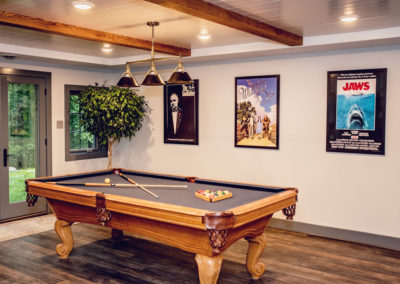 Pool table, wooden beams on the ceiling