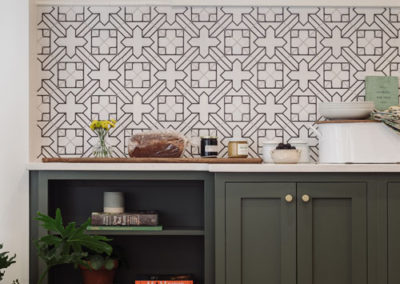 fireclay tile backsplash with custom cabinetry